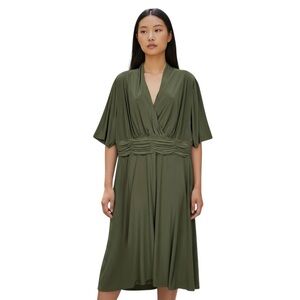 Jones Studio Midi Dress Sz 16W Olive Green Ruched Empire Waist Jersey Knit Comfy